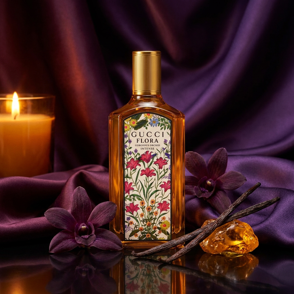 Gucci Flora Gorgeous Orchid Intense – tuoksunäyte, tuoksunuotit koostettuna – tekoälyllä luotu havainnekuva