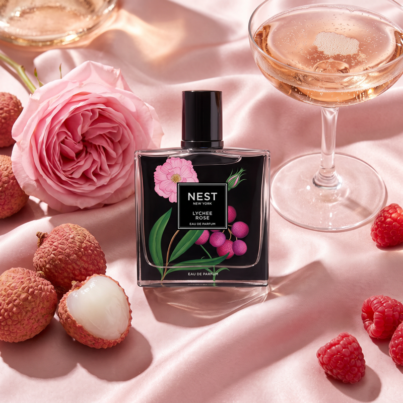 NEST New York Lychee Rose – tuoksunäyte – tekoälyllä luotu havainnekuva