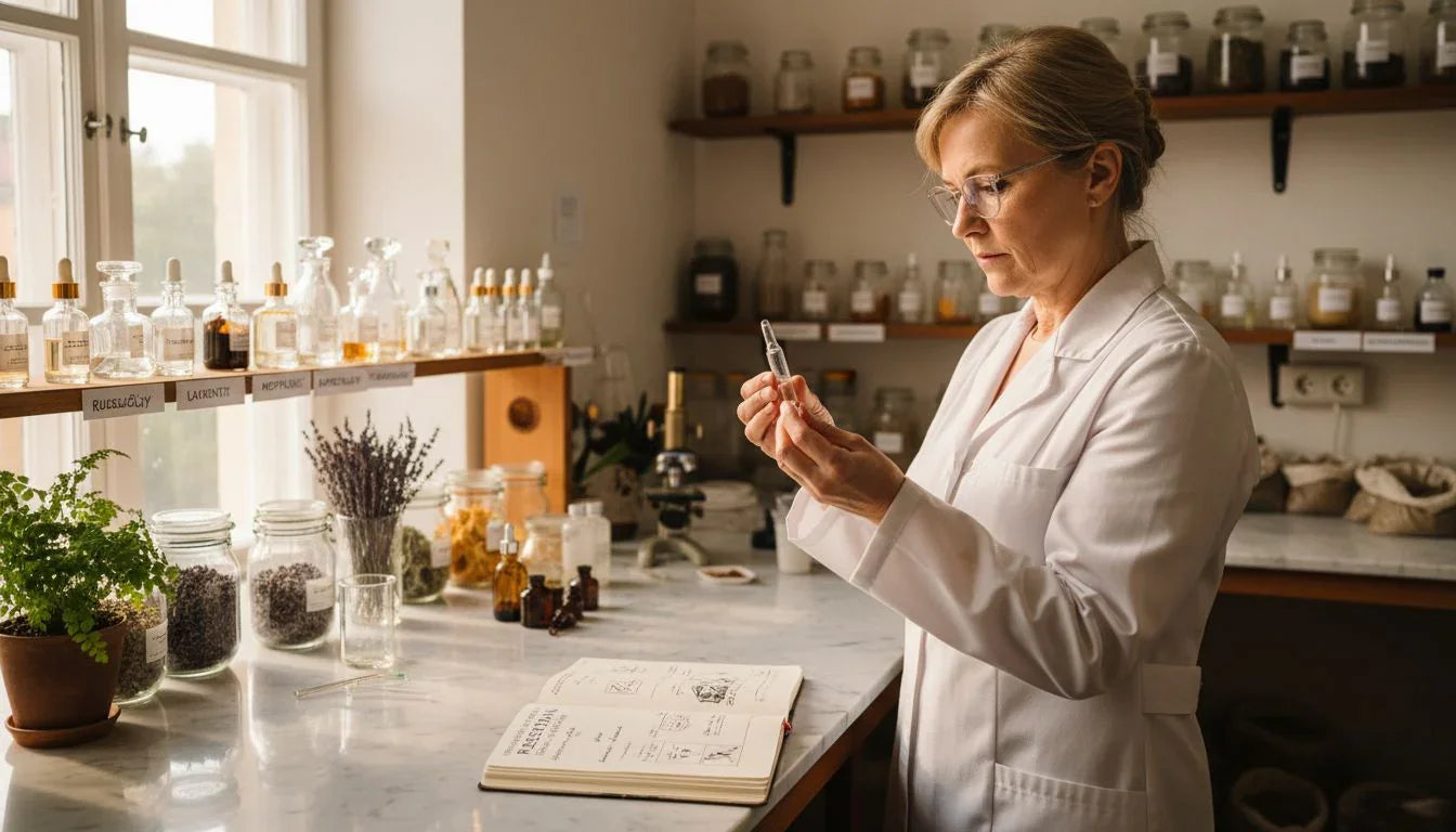 Hajuvesiasiantuntija tutkii tuoksupulloa laboratoriossa, etsien täydellistä aromia.