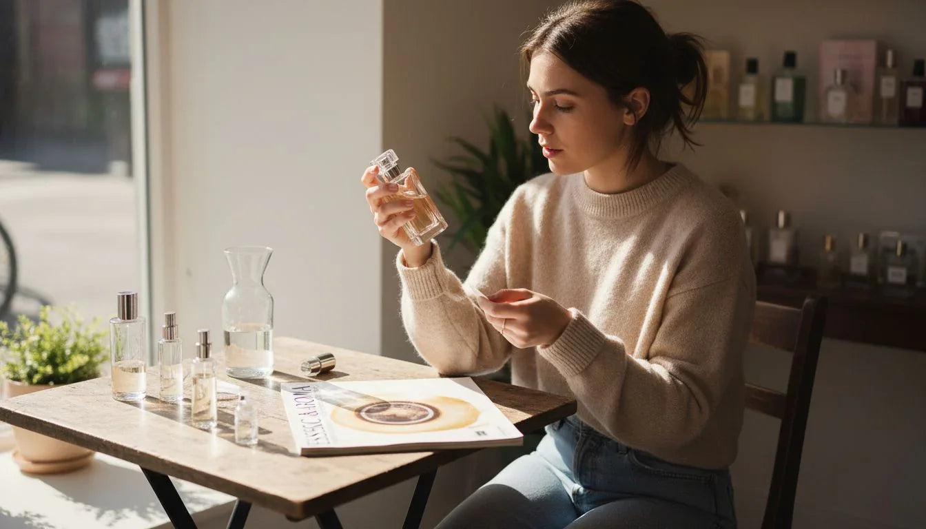 Woman testing perfume scent at boutique table