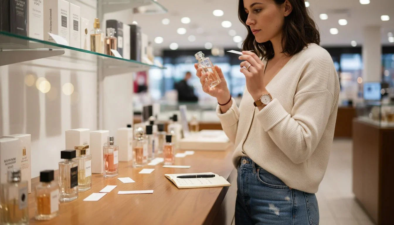 Woman testing perfume in department store