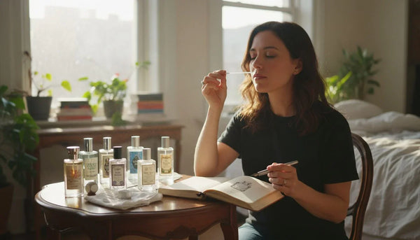 Woman sampling niche perfumes at sunlit vanity