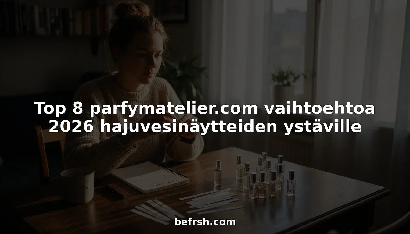 Nainen kokeilee uusia tuoksuja kotonaan keittiön pöydän ääressä.