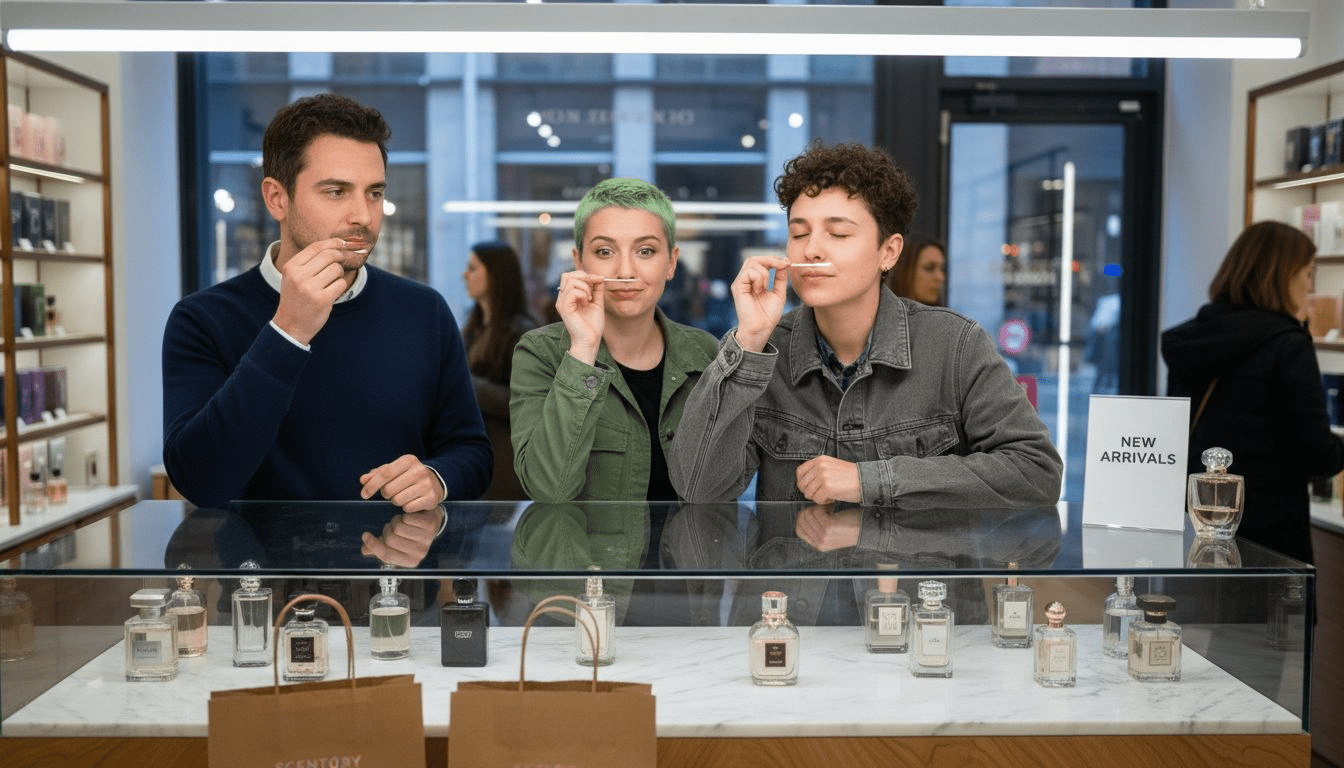 Diverse group sampling perfumes together