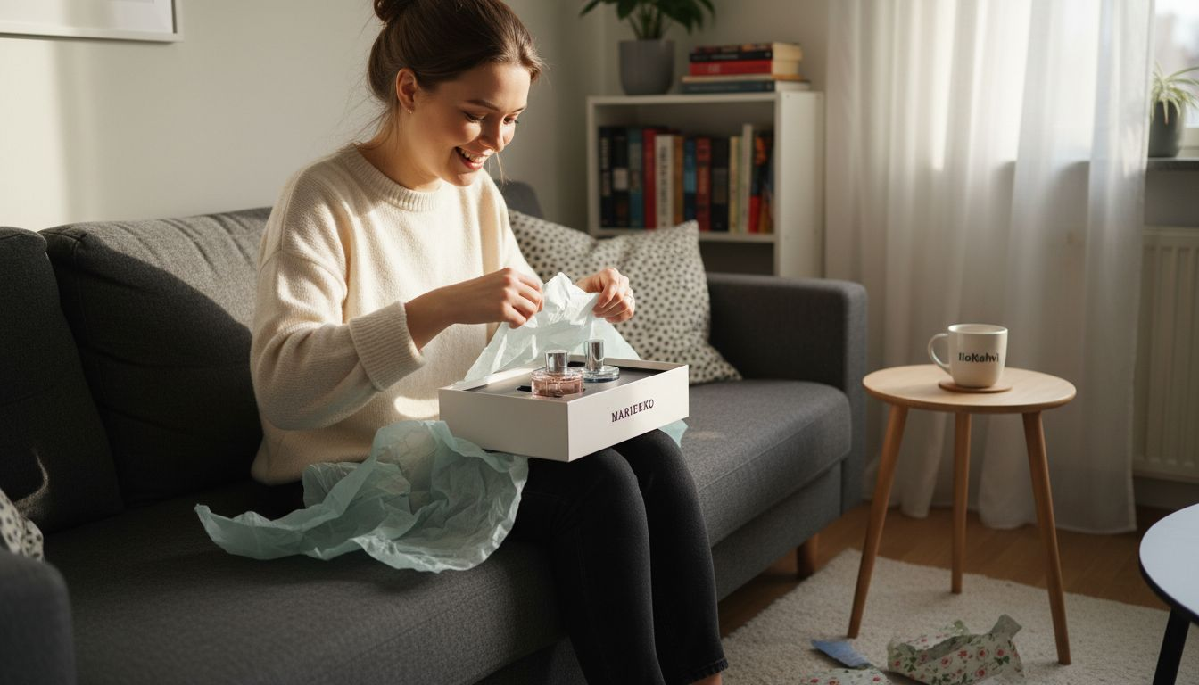 Nuori nainen avaamassa lahjapaketista uutta hajuvesisettiä