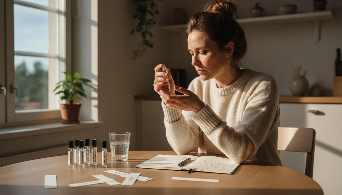 Nainen kokeilee uusia hajuvesinäytteitä kotona keittiönpöydän ääressä.