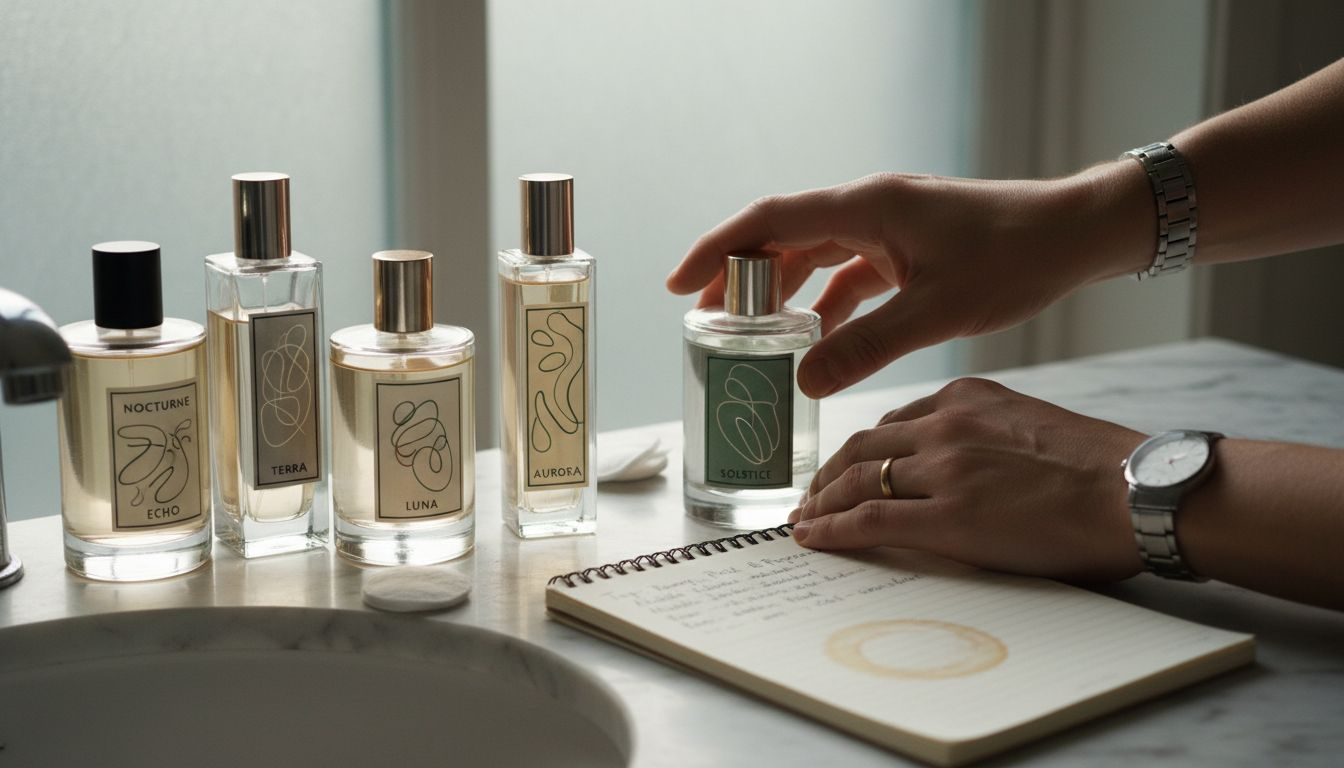 Six unisex fragrance bottles on marble vanity