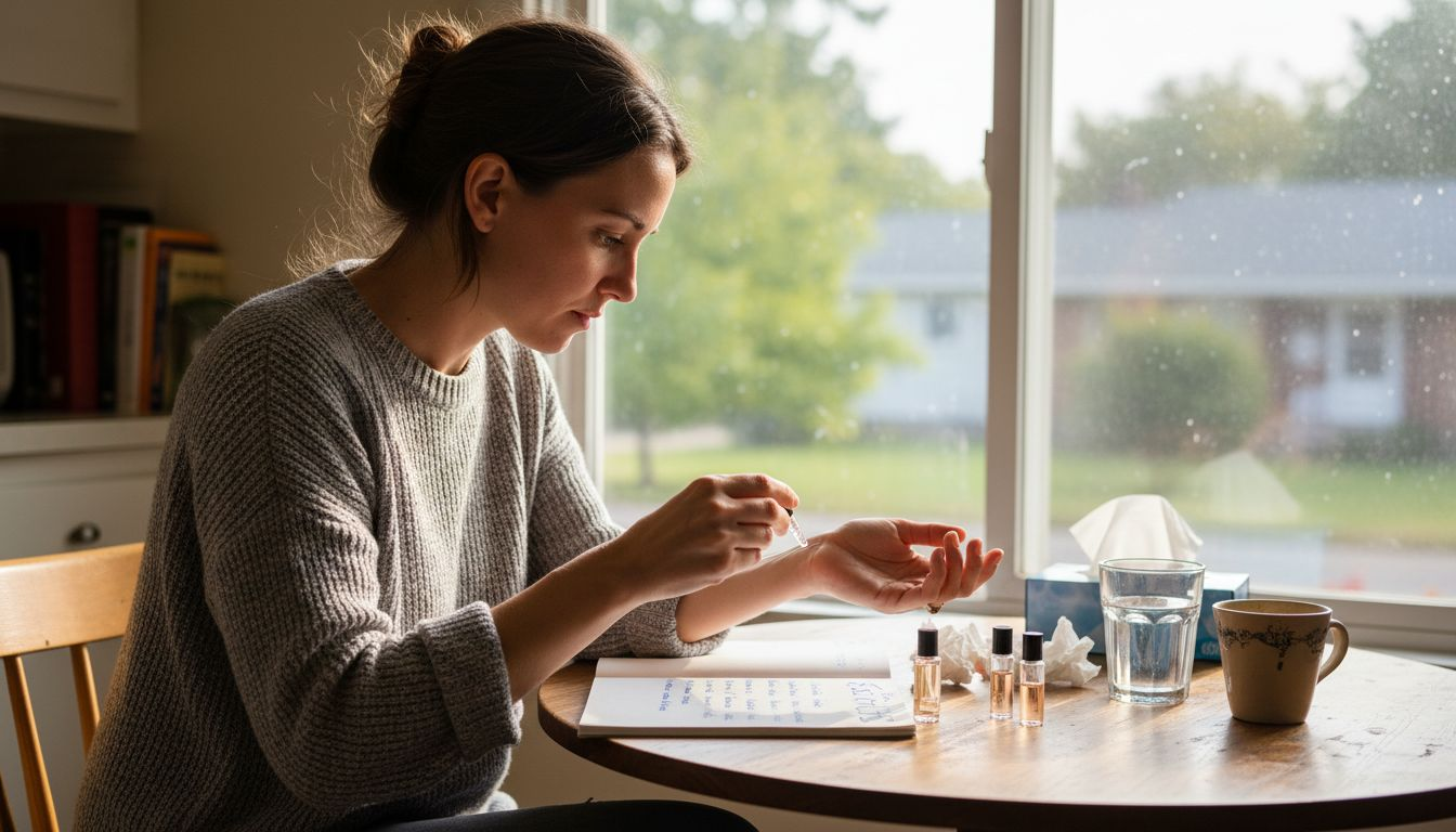 Woman testing perfume sample by kitchen window