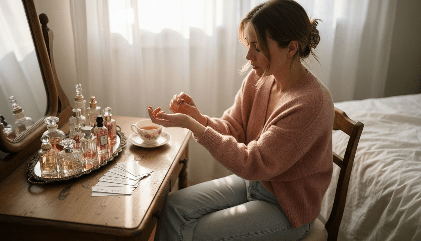 Woman sampling perfumes at vintage vanity table