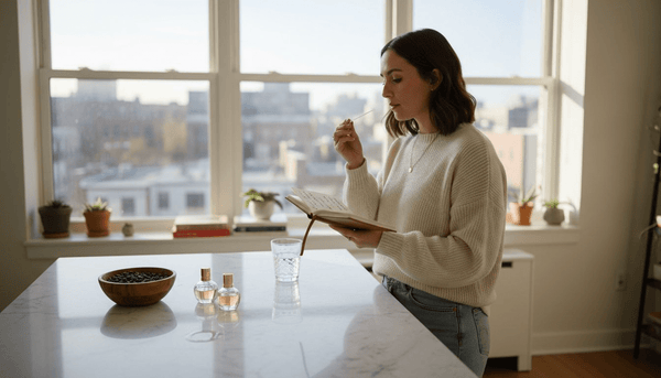 Woman sniffing perfume sample in bright kitchen