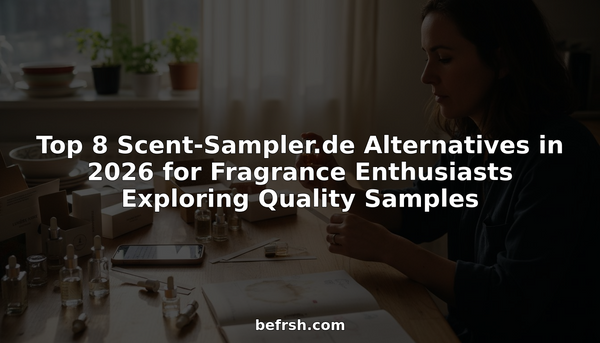Fragrance enthusiast testing perfume samples at table