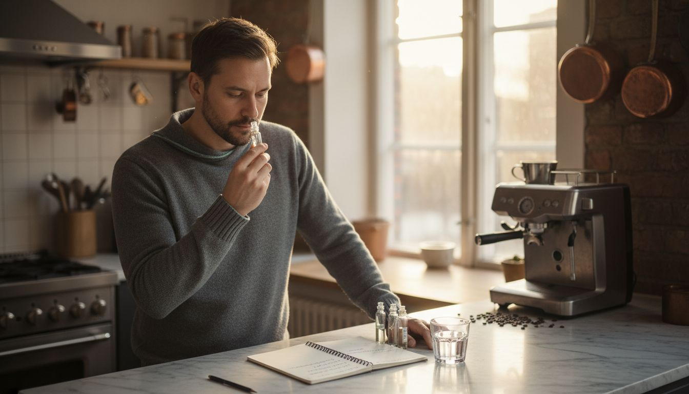 Mies nuuhkii harvinaisia hajuvesinäytteitä keittiössä ja miettii, mikä tuoksu sopisi parhaiten omaan tyyliin.