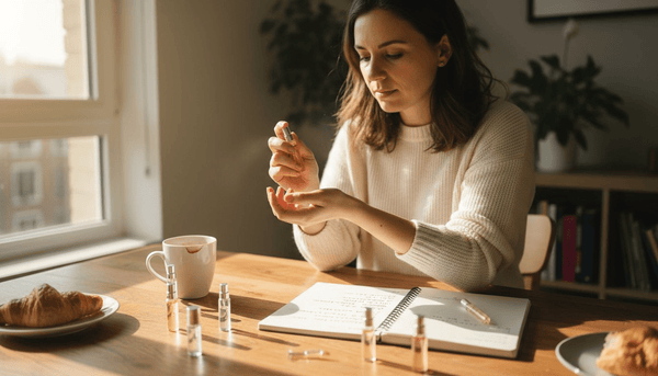 Woman testing perfume samples at home