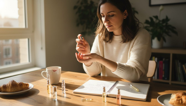 Woman testing perfume samples at home