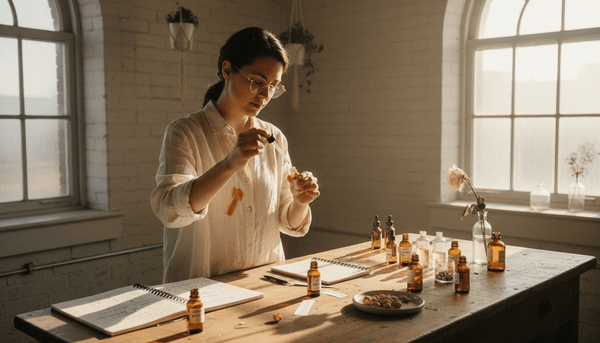 Perfumer blending pistachio fragrance samples
