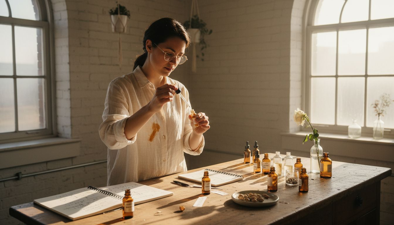 Perfumer blending pistachio fragrance samples