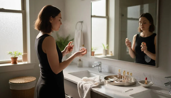 Woman layering perfumes at bathroom vanity