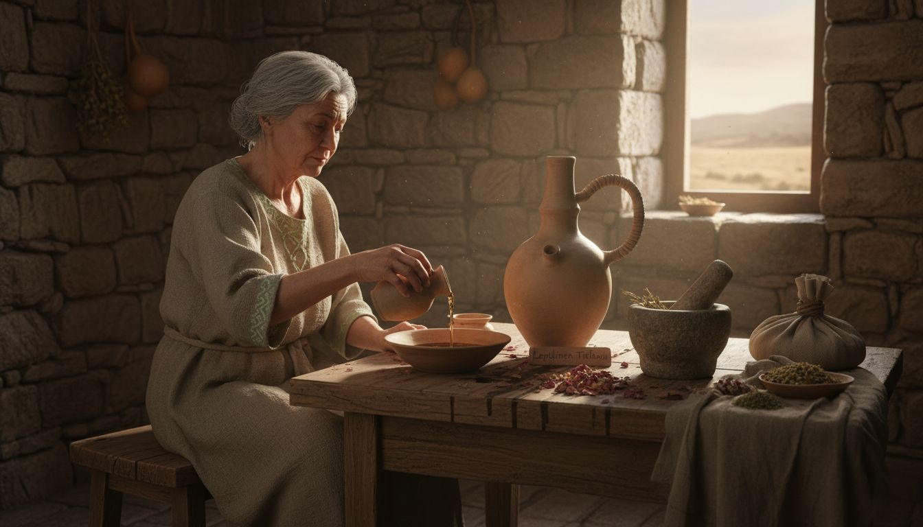 Muinaisaikainen parfyymintekijä valmistaa tuoksua tislaamalla.