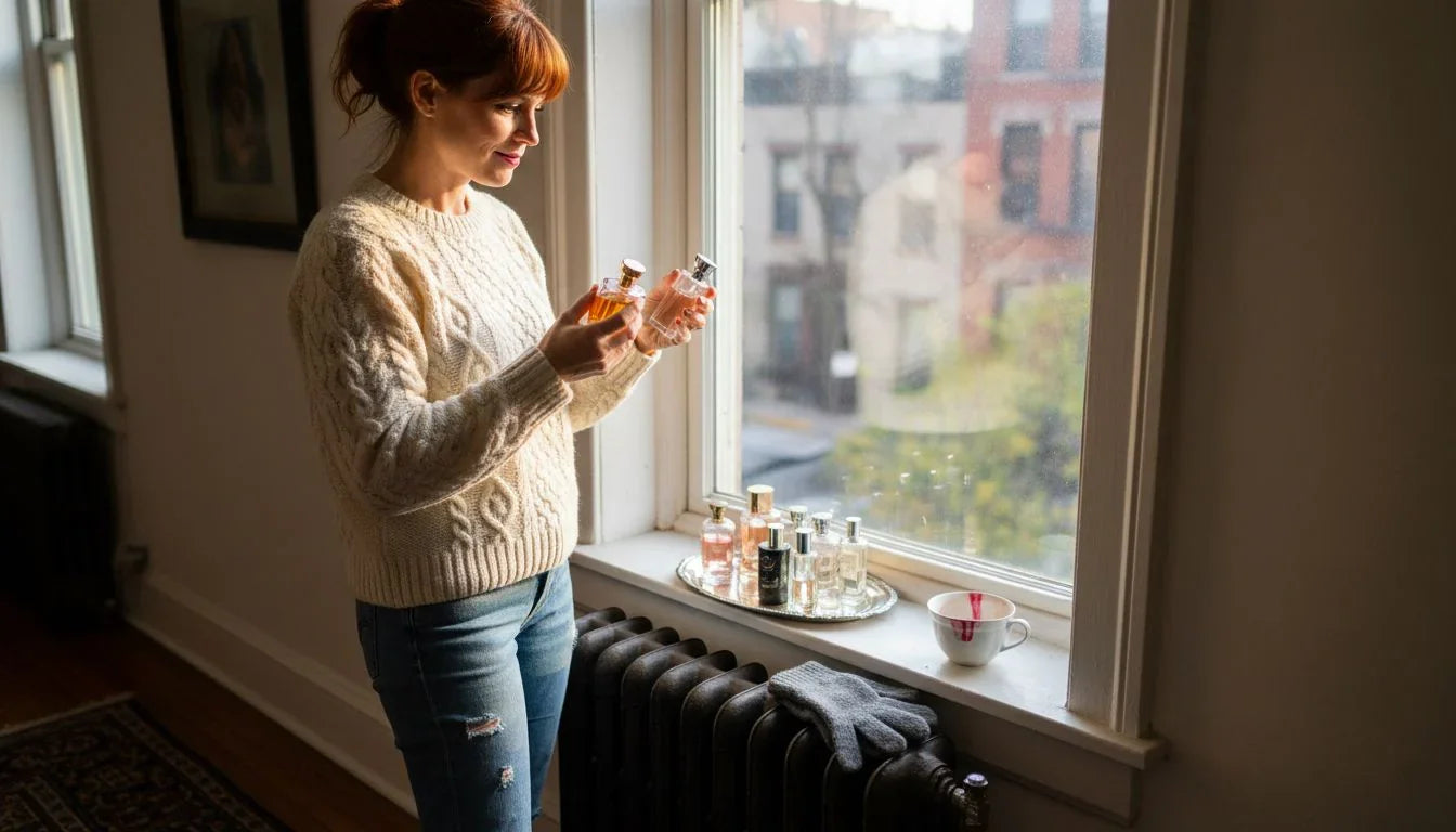 Woman choosing perfume in morning city light