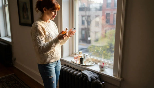Woman choosing perfume in morning city light