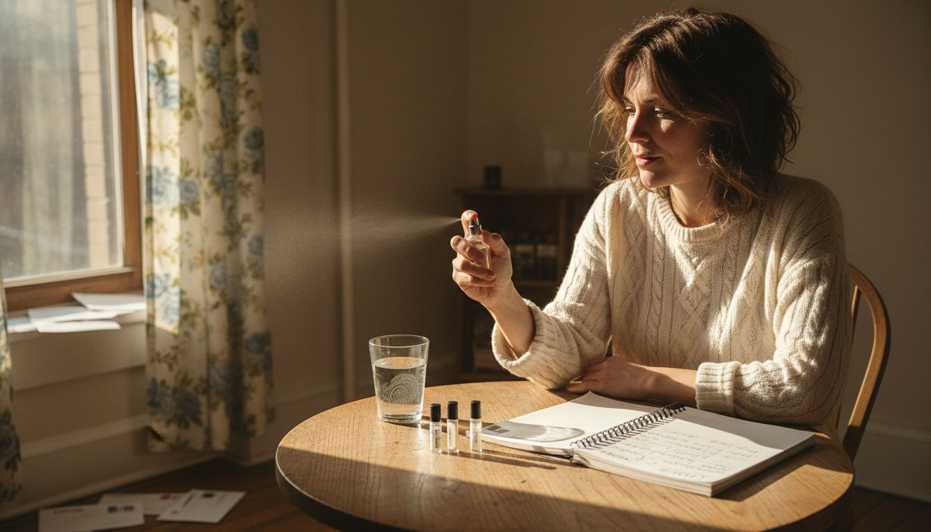 Woman sampling perfume at home table