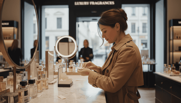 Woman testing perfume at counter