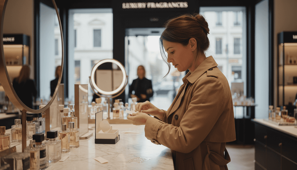 Woman testing perfume at counter