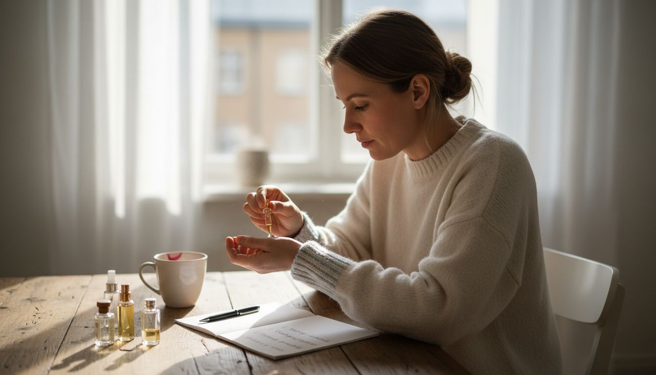 Nainen istuu keittiön pöydän ääressä ja kokeilee erilaisia hajuvesinäytteitä.