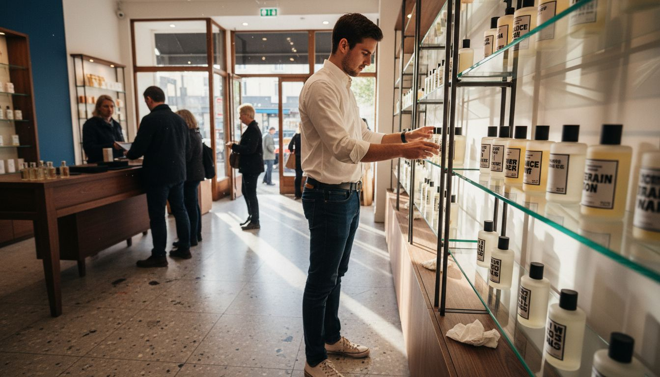 Staff arranging unisex perfumes in retail boutique
