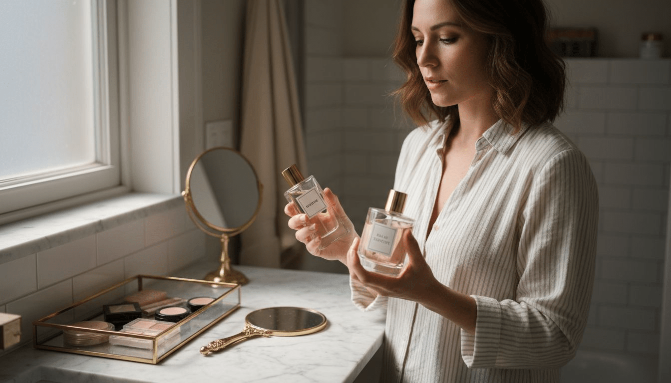 Woman comparing perfume and eau de toilette bottles
