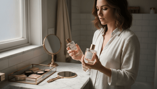 Woman comparing perfume and eau de toilette bottles