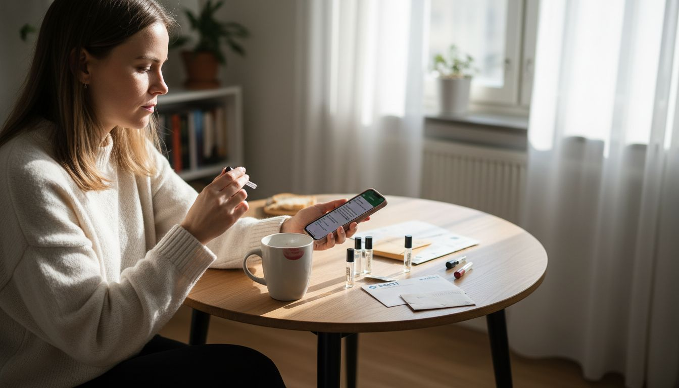 Nainen kokeilee uutta hajuvesinäytettä keittiön pöydän ääressä.