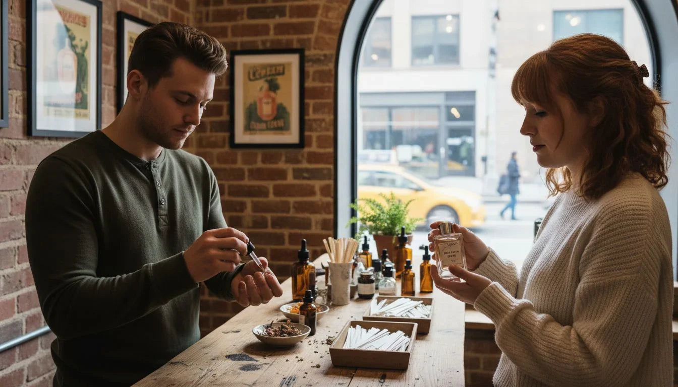 People testing unisex perfumes at perfumery counter