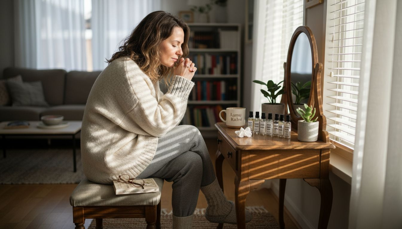 Nainen kokeilee uusia hajuvesinäytteitä peilipöytänsä äärellä.