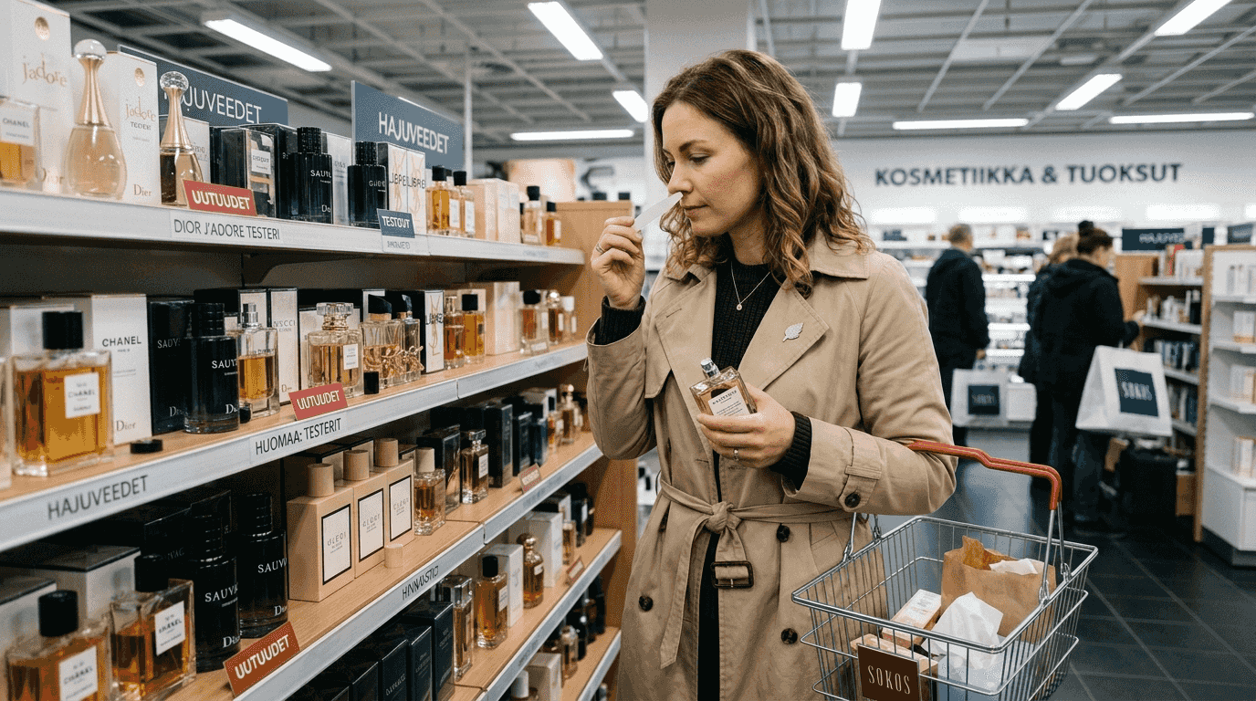 Nainen kokeilee eri hajuvesiä kaupan hyllyllä.