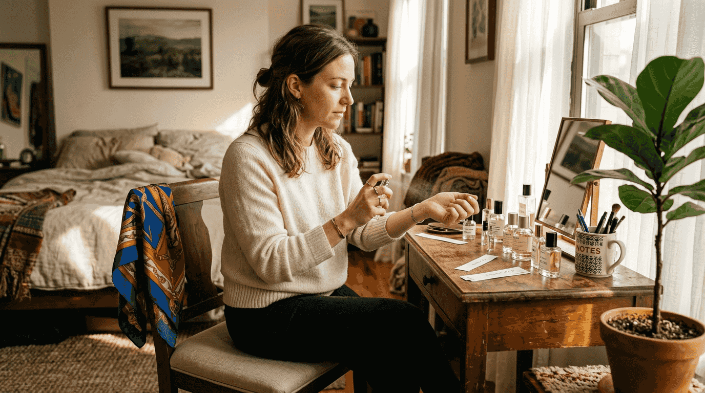 Woman testing perfume samples at home vanity