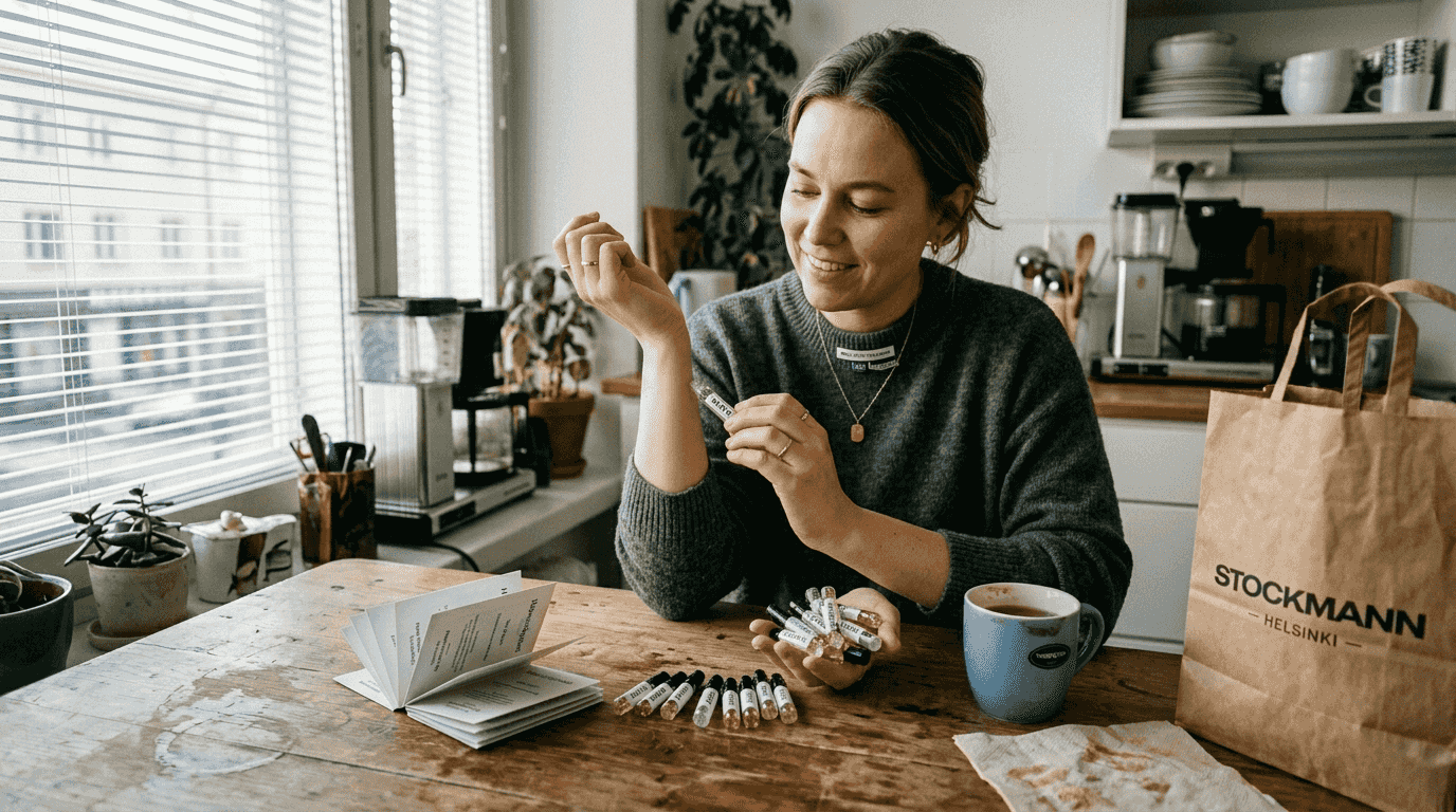 Nainen testailee uusia hajuvesinäytteitä kotonaan.