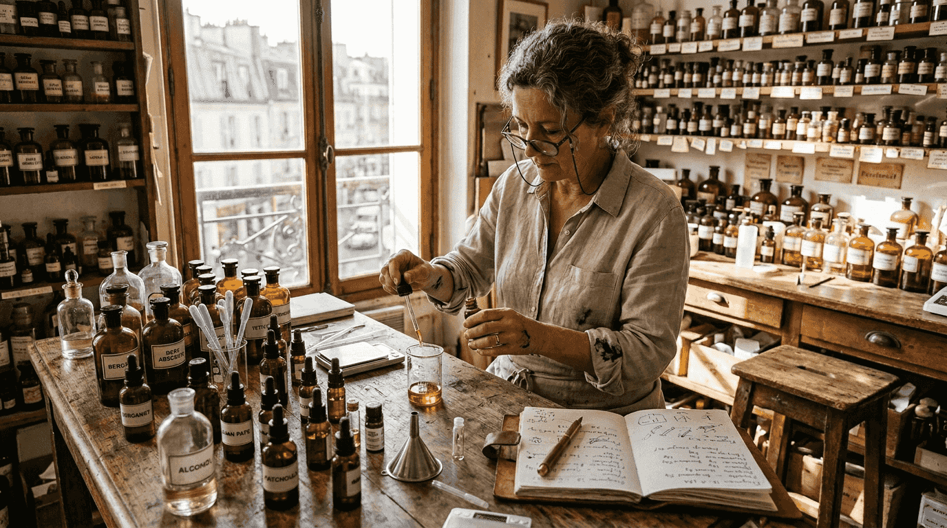 Artisan perfumer blending ingredients in small studio