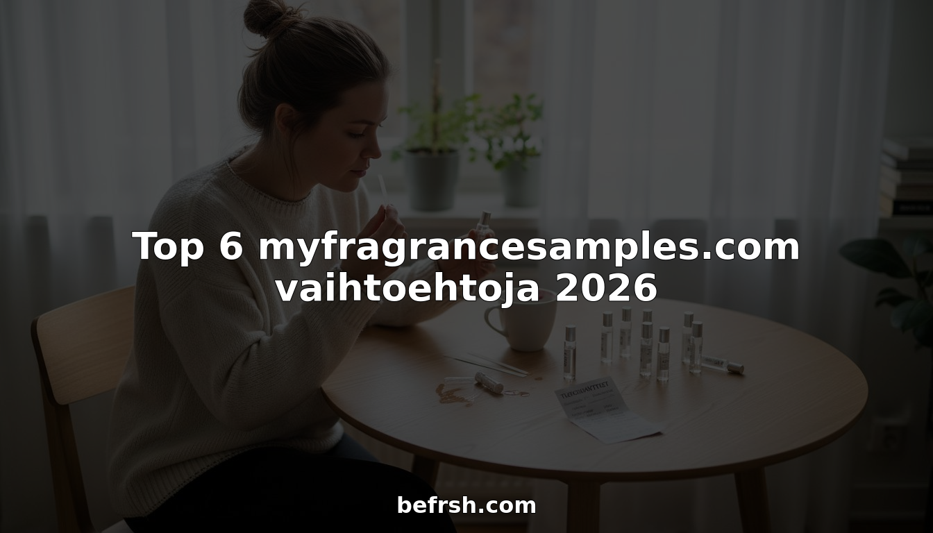 Nainen vertailee hajuvesinäytteitä kotipöytänsä ääressä, tutkien tuoksuja rauhassa ja miettien, mikä sopisi itselle parhaiten.