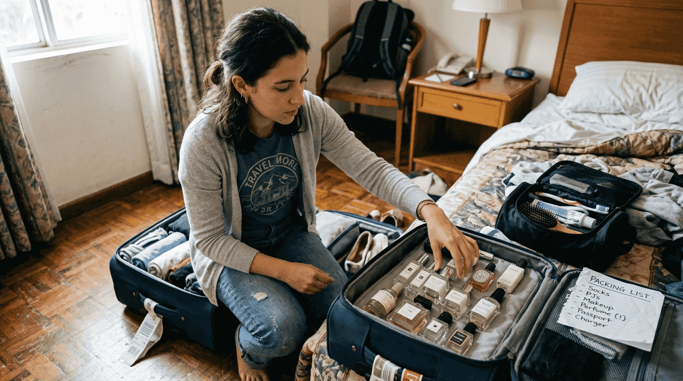 Traveler packing small perfume bottles in suitcase