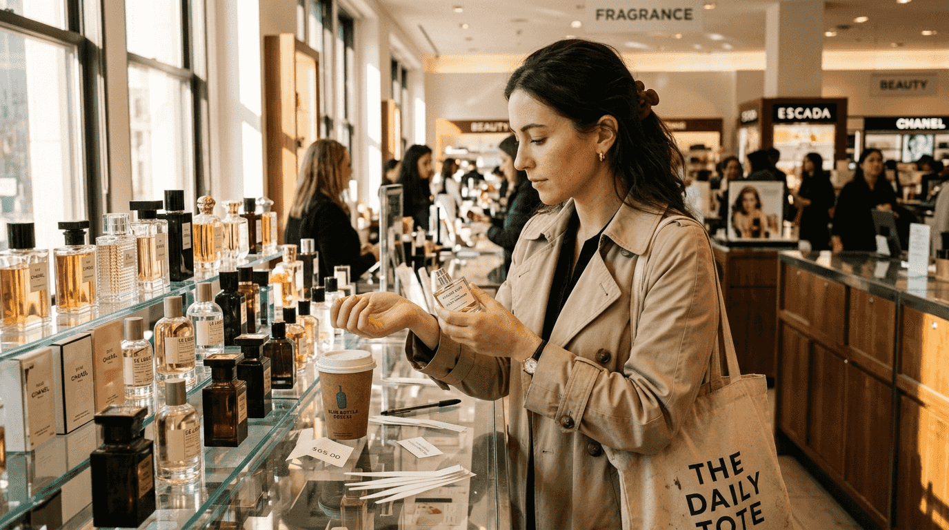 Shopper testing perfume in department store
