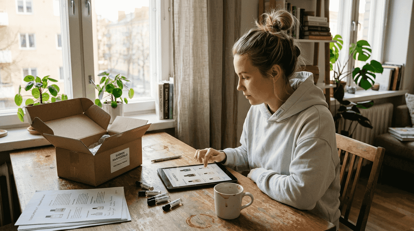 Nainen selailee hajuvesivalikoimaa netissä keittiön pöydän ääressä.