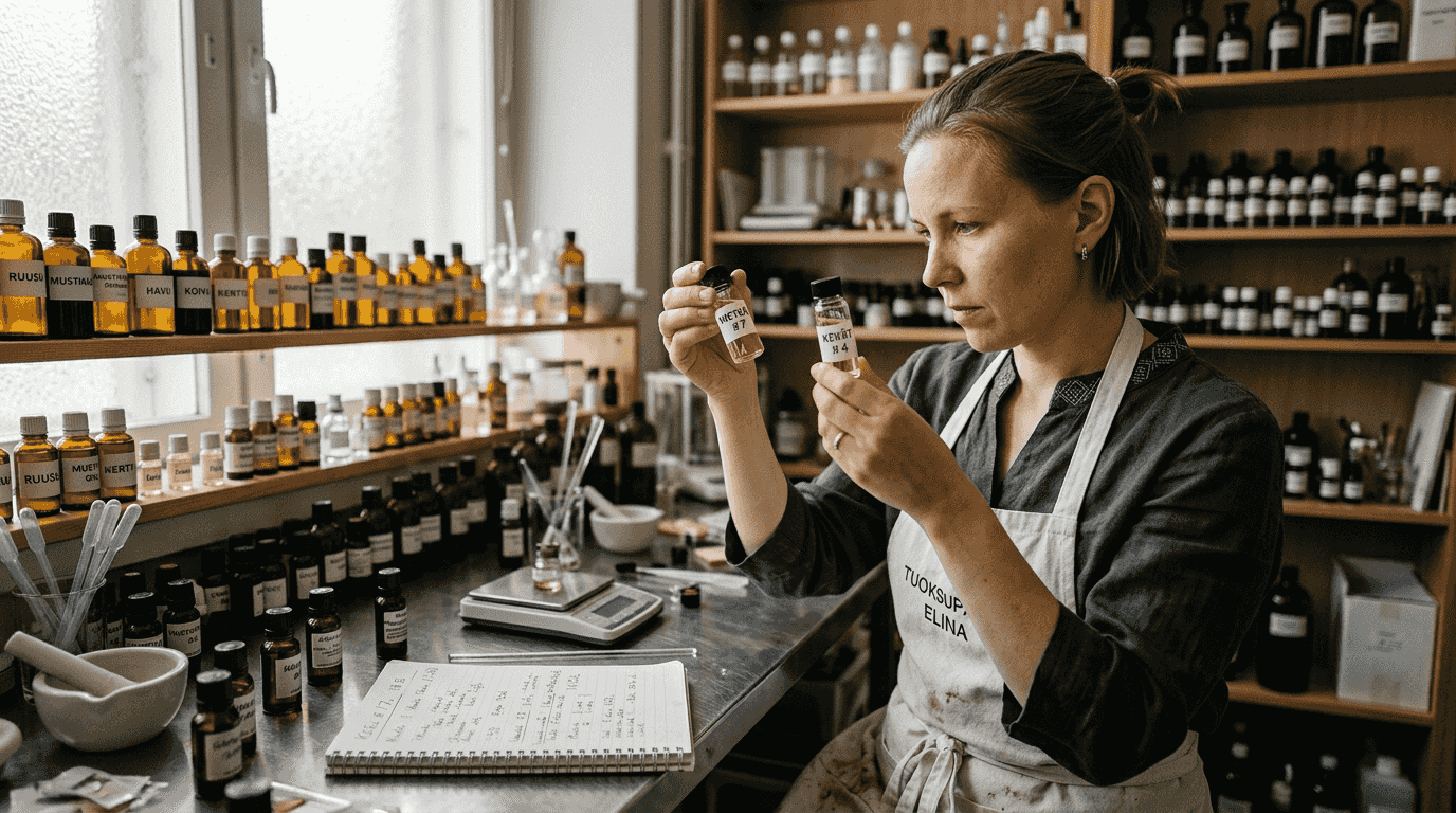 Parfyymimestari tutkii tuoksunäytteitä omassa työhuoneessaan.