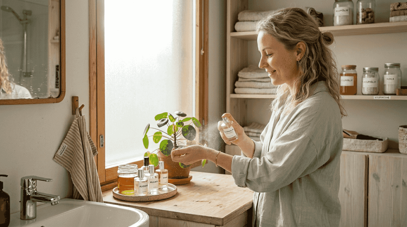 Nainen suihkuttaa vegaanista hajuvettä kylpyhuoneessa.
