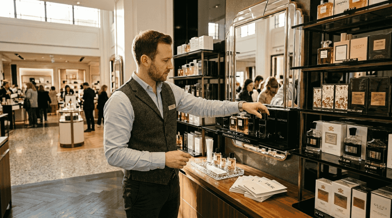 Sales associate arranging designer perfume display