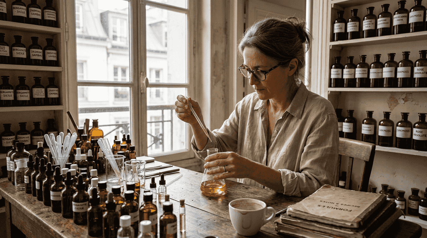 Artisan perfumer creating fragrances in studio