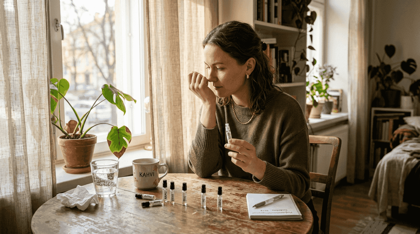 Nainen kokeilee eri hajuvesinäytteitä keittiön pöydän ääressä.
