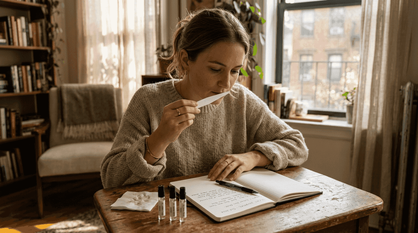 Woman testing perfume samples by a journal