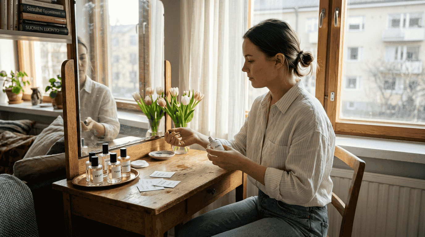 Nainen kokeilee uutta hajuvettä auringon valaisemalla meikkipöydällä.