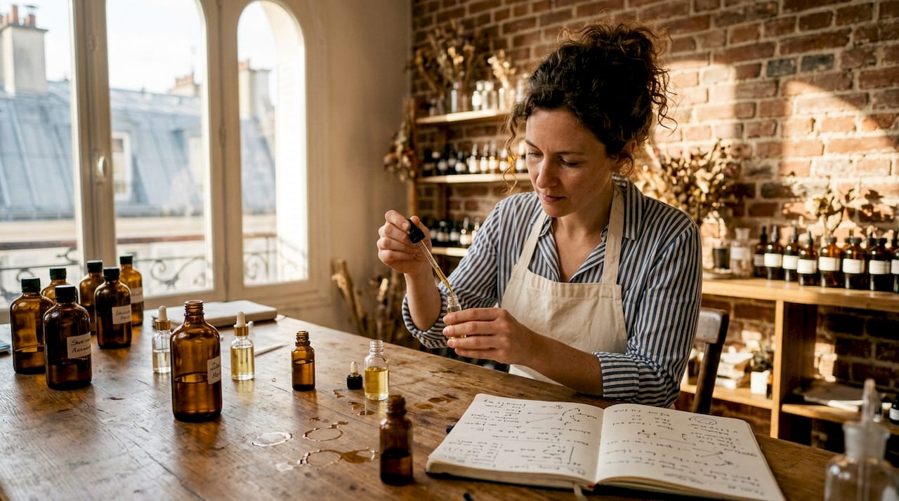 Perfumer blending fragrance oils at workshop desk
